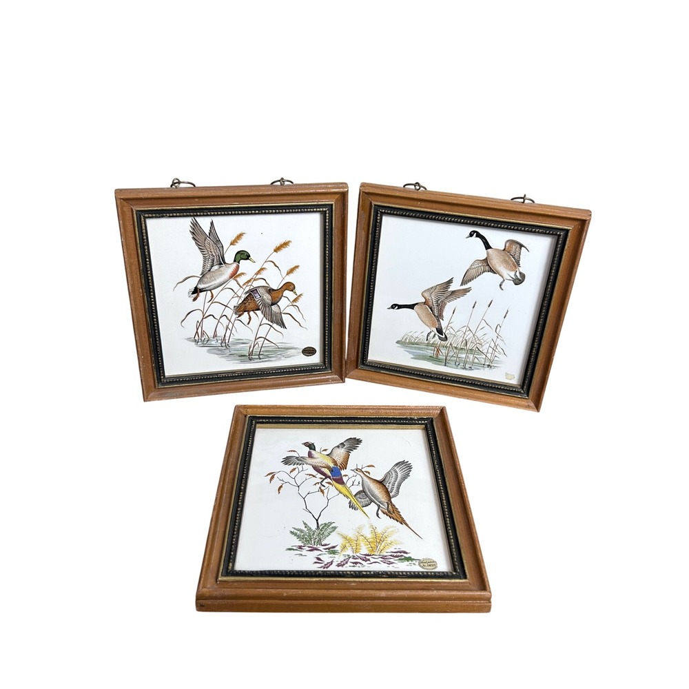 Vintage Enesco‎ Set of 3 Framed Ceramic Bird Art Tiles Ducks Pheasant Japan